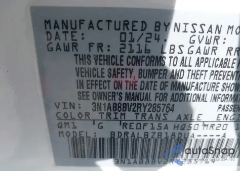 2024 Nissan Sentra S Xtronic Cvt z USA, uszkodzony, nr VIN 3N1AB8BV2RY285764